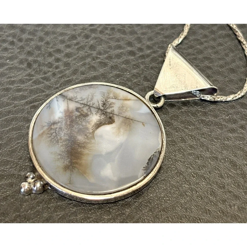 VTG Large Artisan Sterling Silver Moss Picture Agate Modernist Pendant 925 Chain